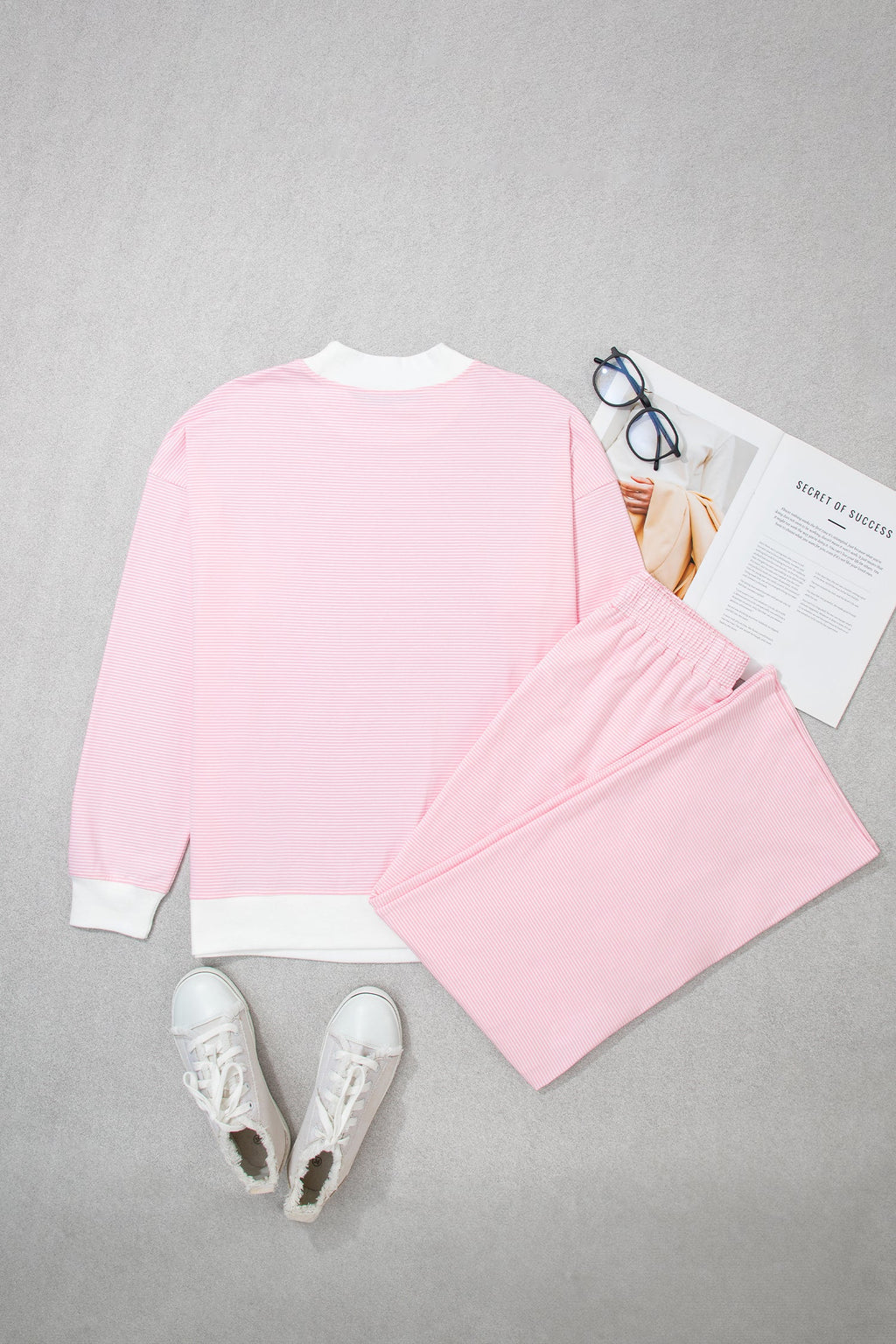 Pink Stripe Color Block Trim Mock Neck Pullover Drawstring Pants Casual Outfit