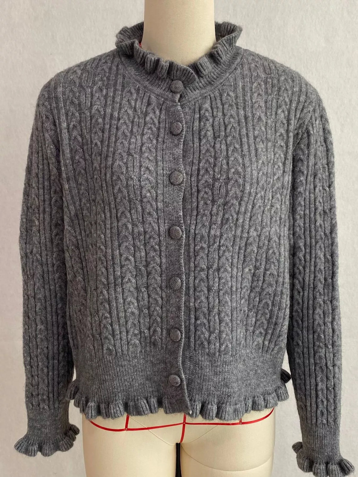 Cable-Knit Ruffle-Trim Cardigan