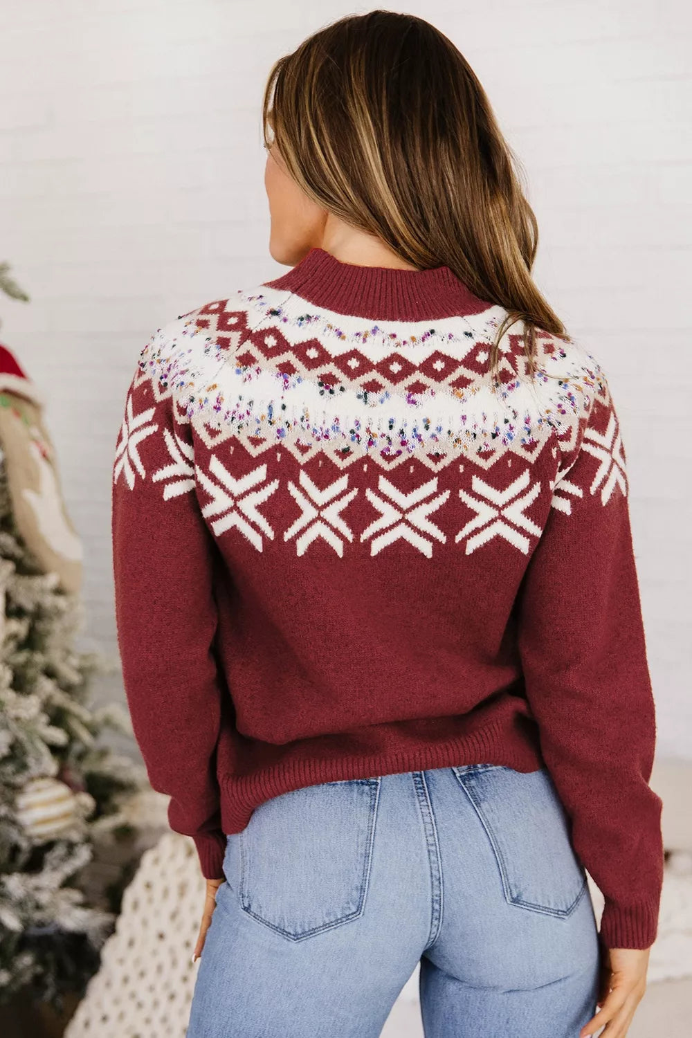 Christmas Theme Geometric Pattern Knit Round Neck Shift Sweater
