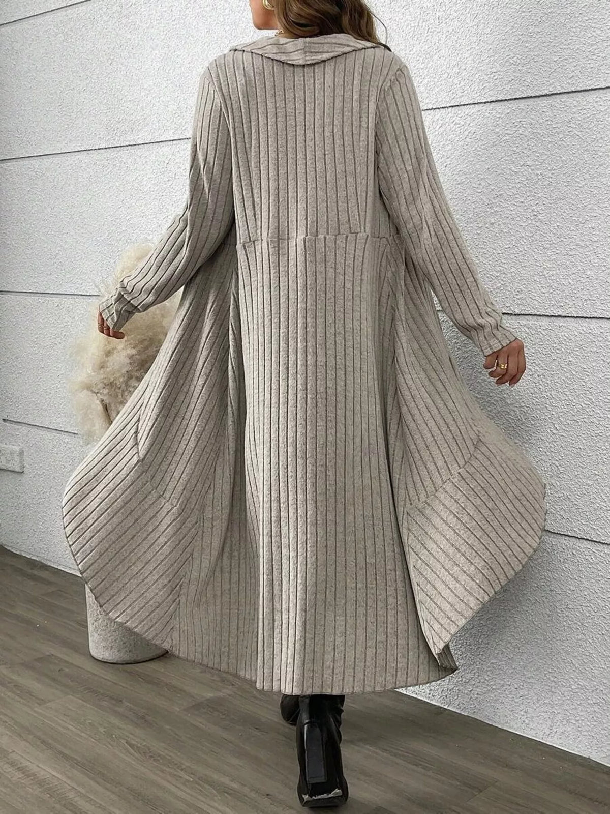Full Size Ribbed Knit Cardigan and Plaid Dress Two-Piece Set Plus Size