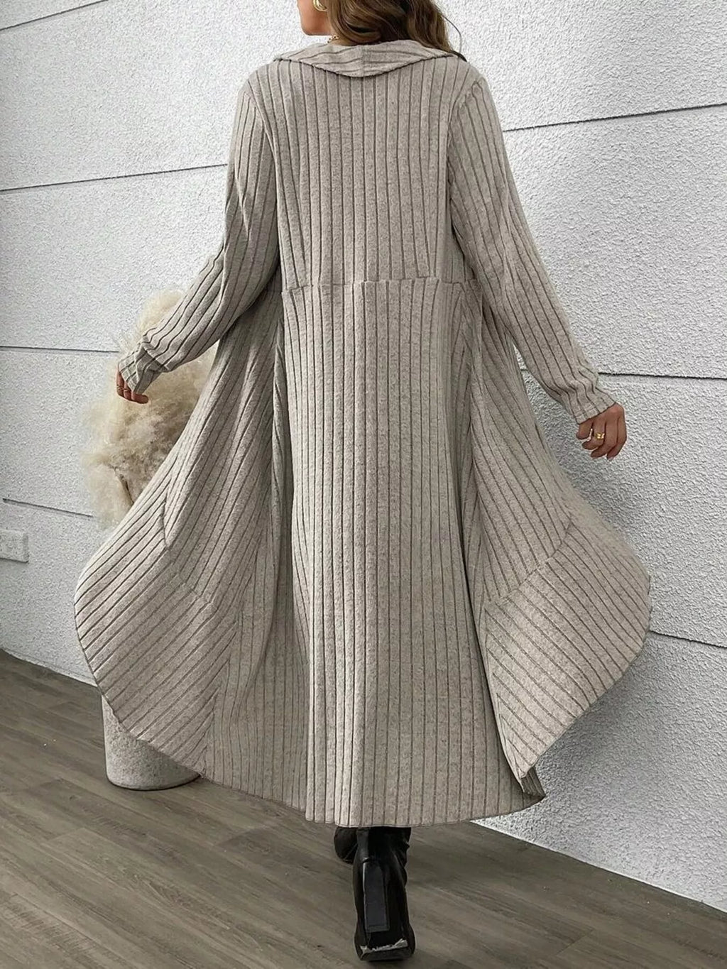 Full Size Ribbed Knit Cardigan and Plaid Dress Two-Piece Set Plus Size