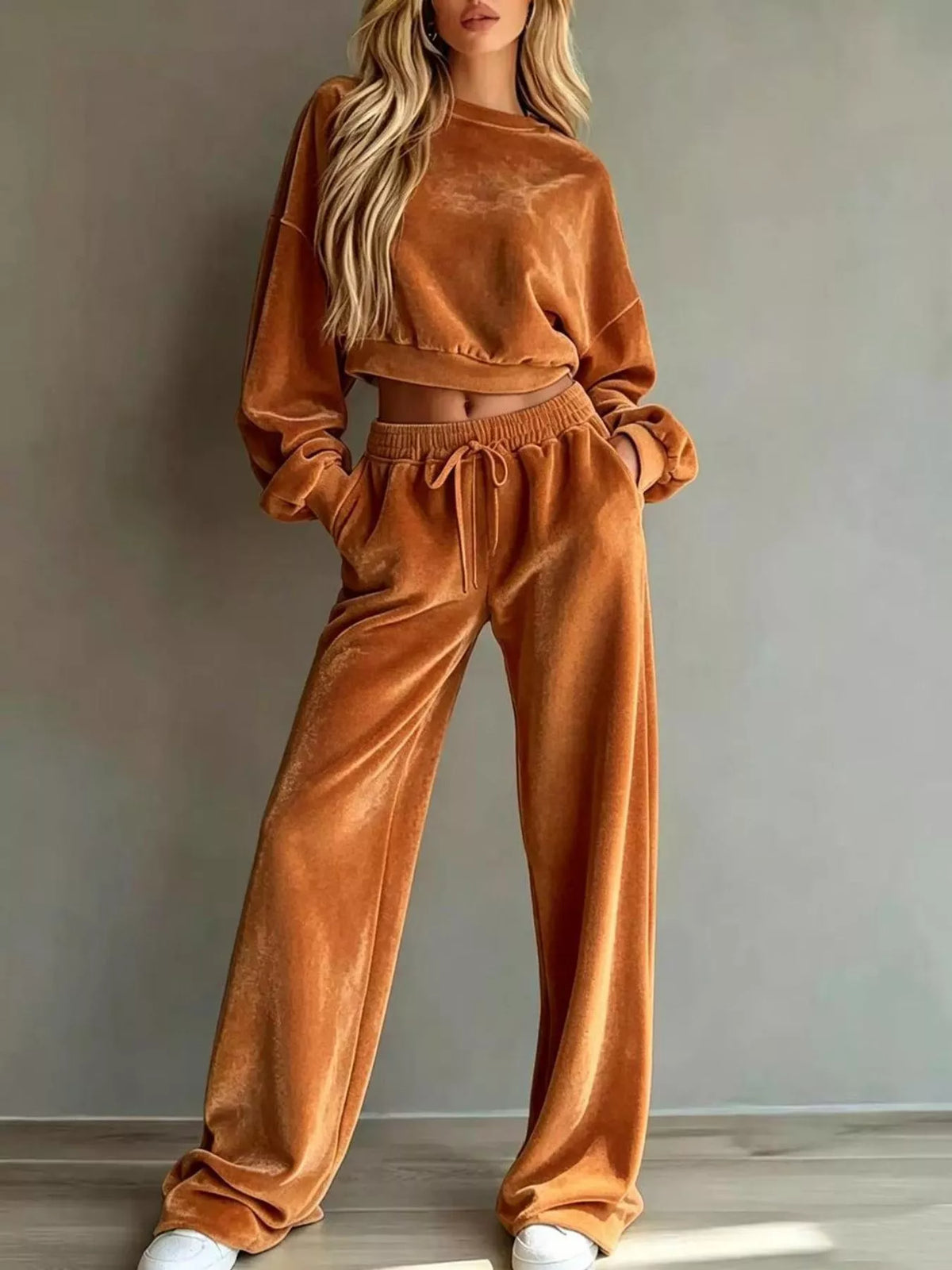 Full Size Cropped Sweatshirt and Wide-Leg Pants Set Plus Size