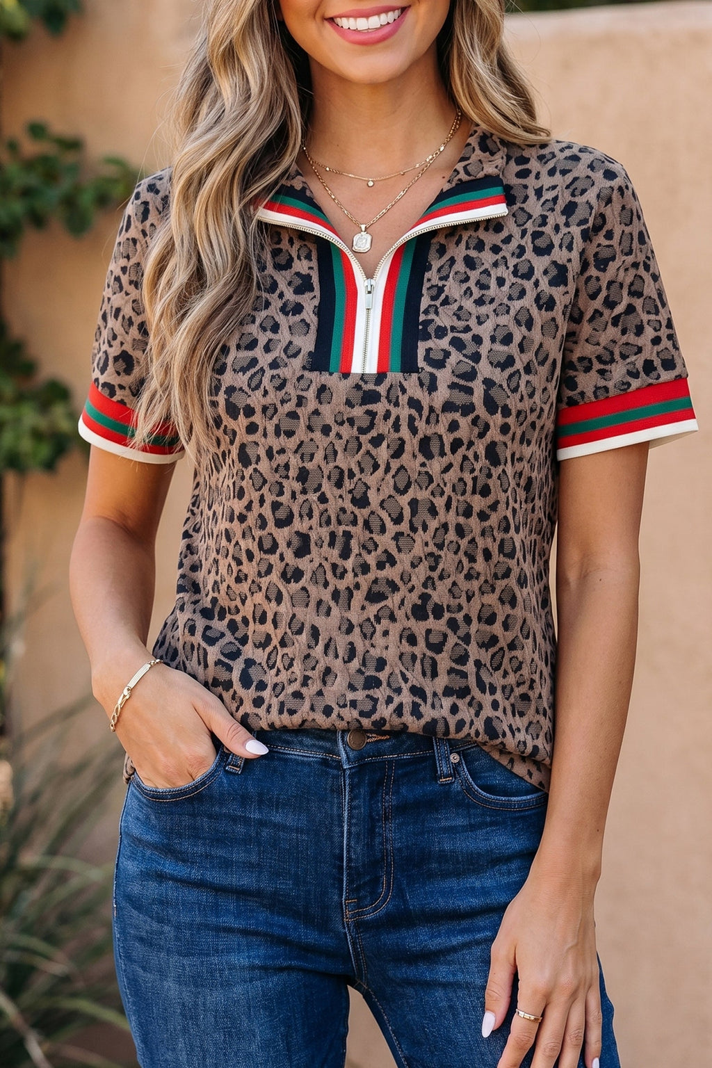 Brown Leopard Jacquard Striped Patchwork Half Zip Short Sleeve Blouse