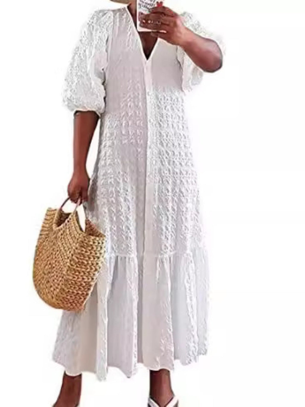 Full Size Elegant Puff Sleeve Textured Maxi Dress Plus Size