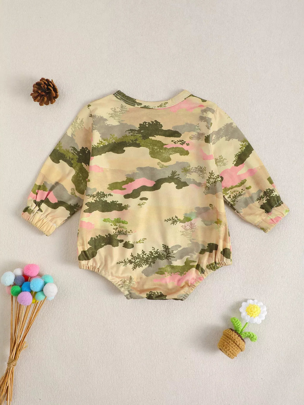 Children's Camouflage Print Long Sleeve One-Piece with Bow
