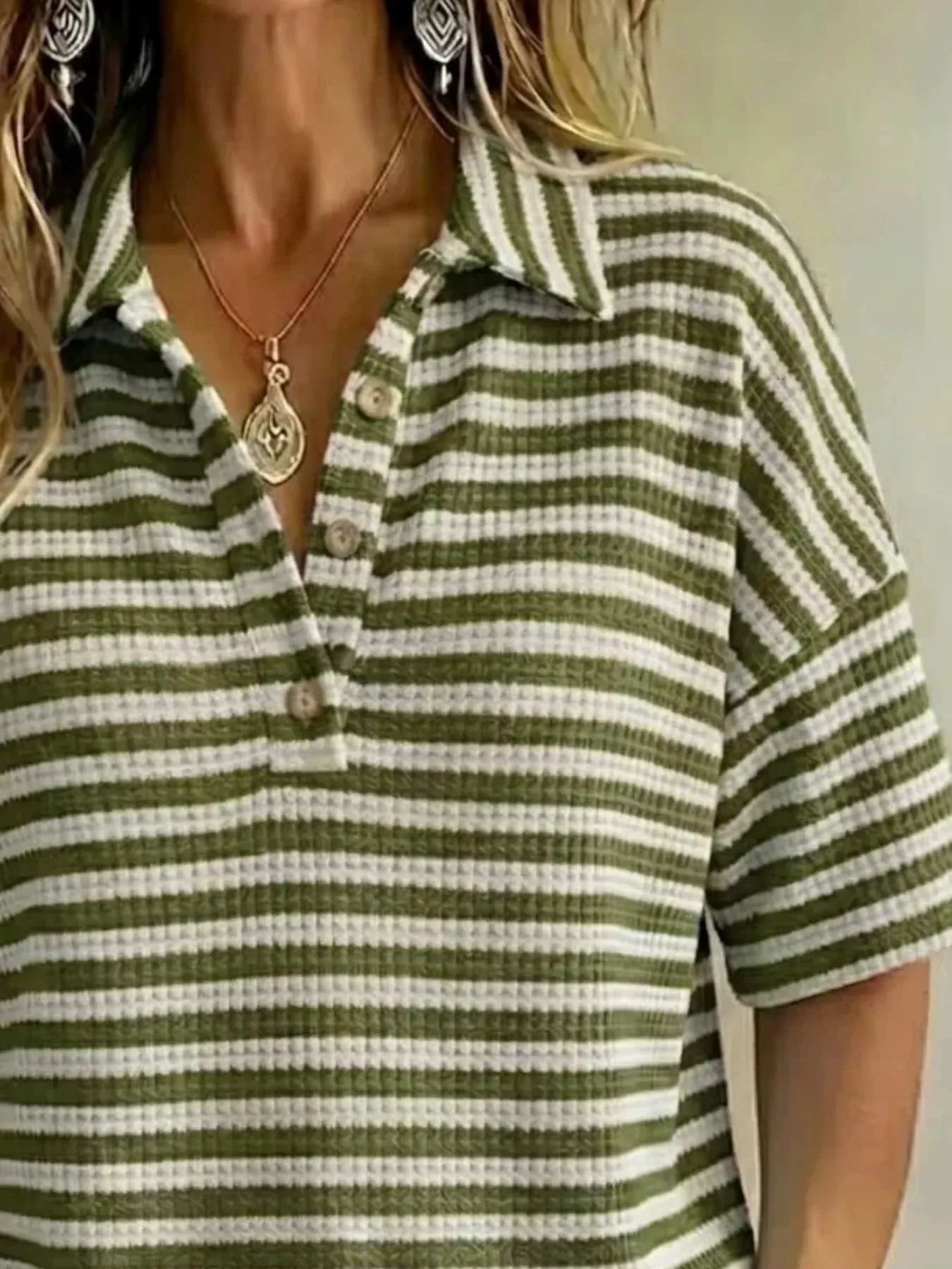 Full Size Contrast Striped Knit Polo Shirt Plus Size