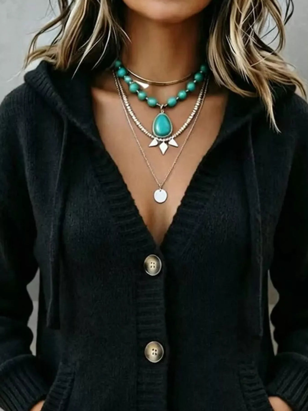 Hooded Button-Down Knit Cardigan with Pockets
