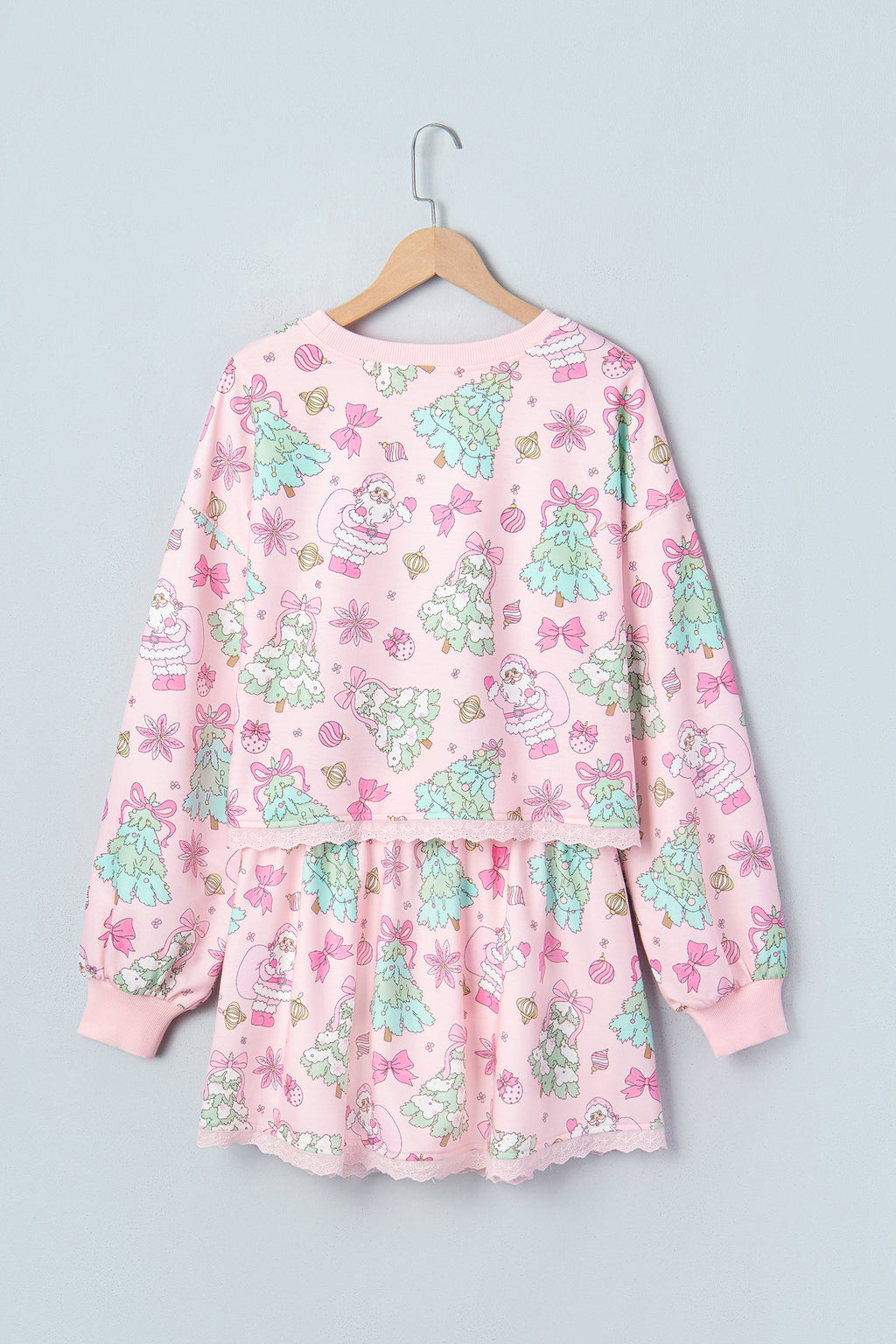 Pink Floral Print Lace Trim Long Sleeve Skirt Set