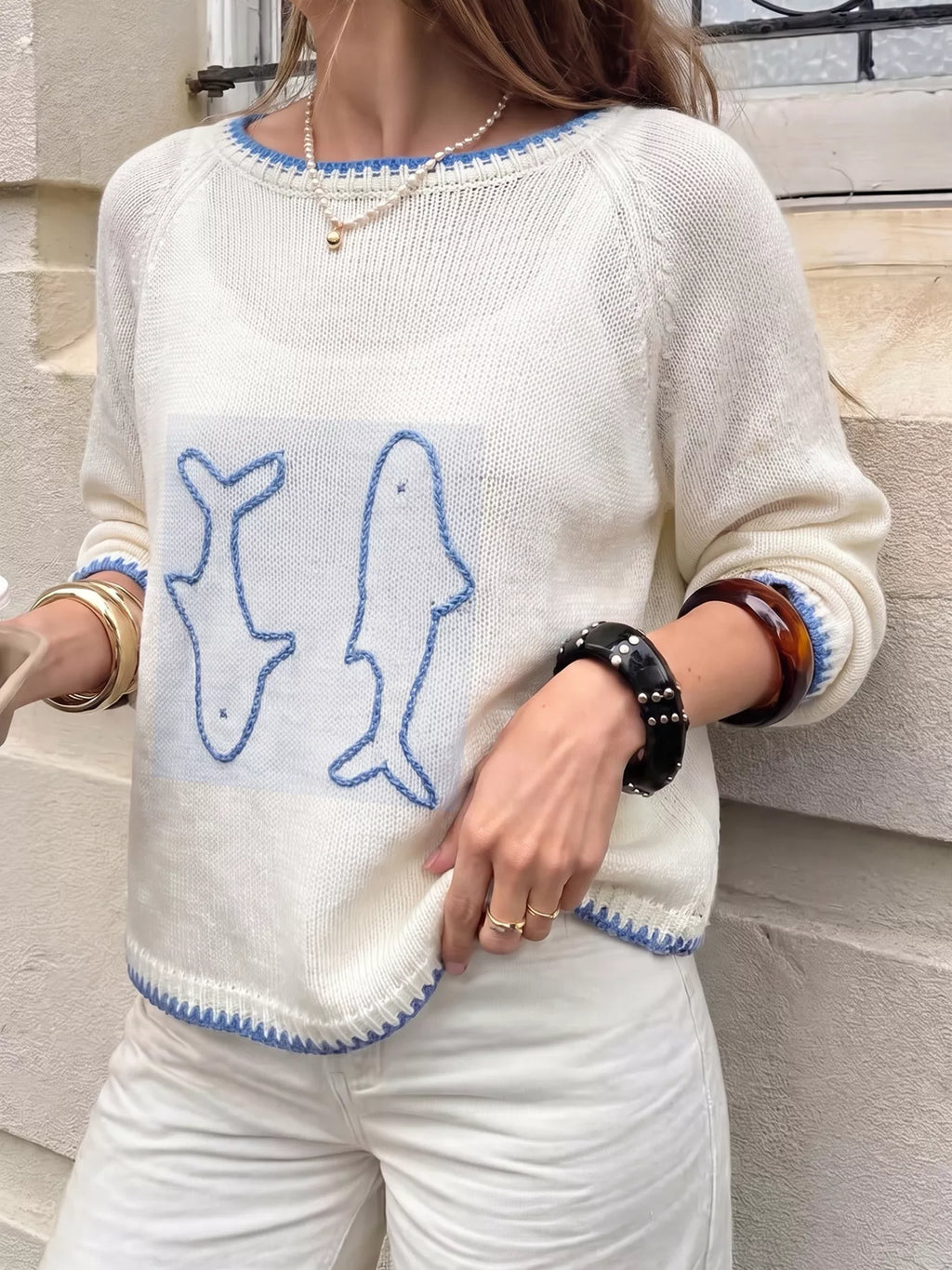 Fish Contrast Trim Knit Top