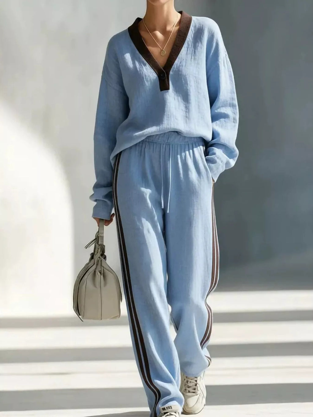 Contrast V-Neck Top and Striped Pants Set