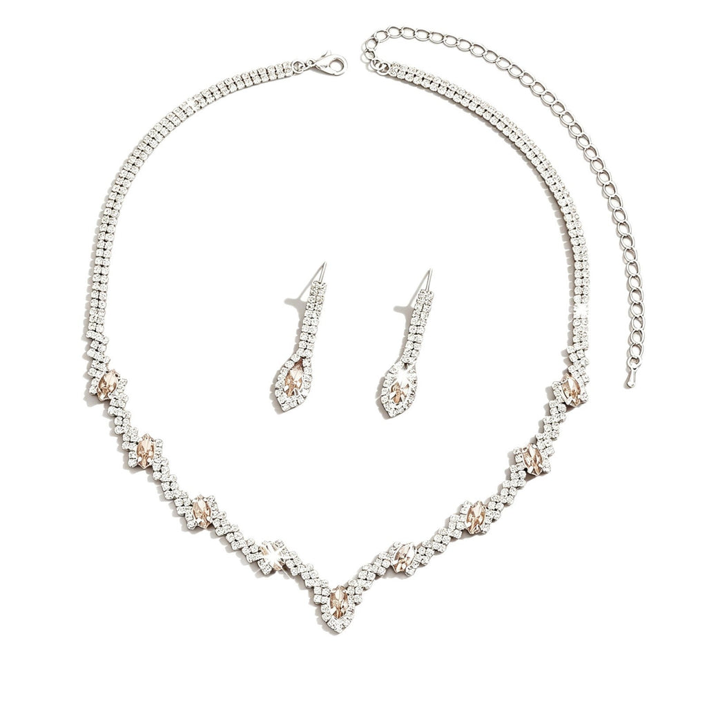 European And American Cross-Border New Style Full Diamond Water Drop V-Shaped Bridal Wedding Necklace And Earrings Fashion Exquisite Eco-Friendly Jewelry Set