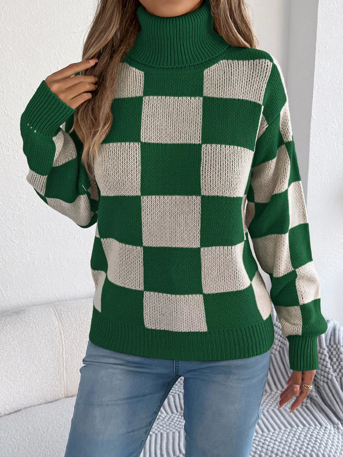 Checkered Turtleneck Long Sleeve Sweater