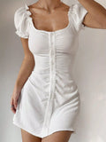 Ruched Button-Front Puff Sleeve Mini Dress