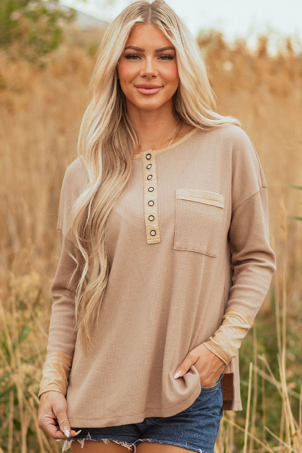 Dark Khaki Color Block Waffle Textured Tunic Henley Top with Slits
