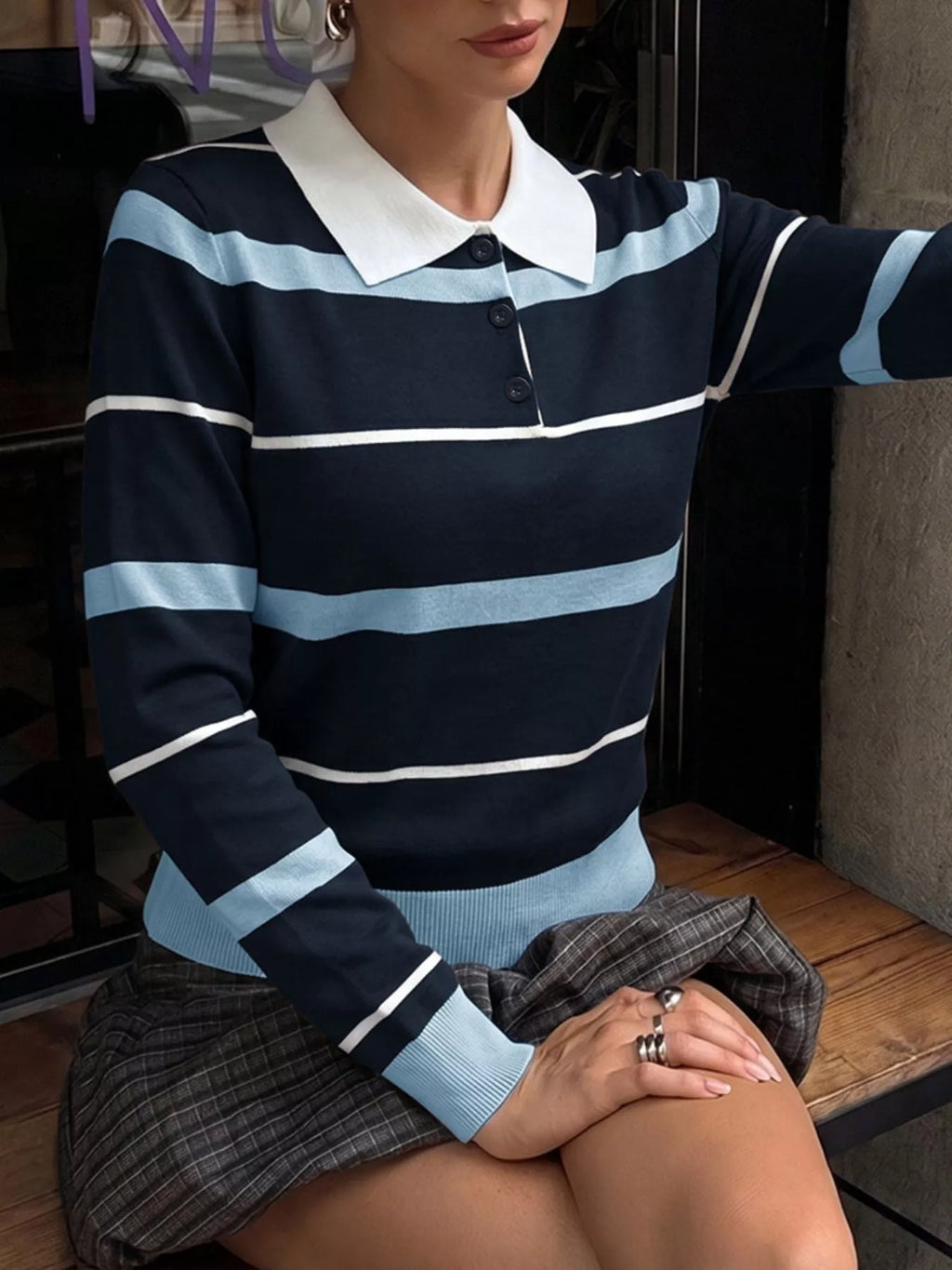 Striped Polo Collar Sweater