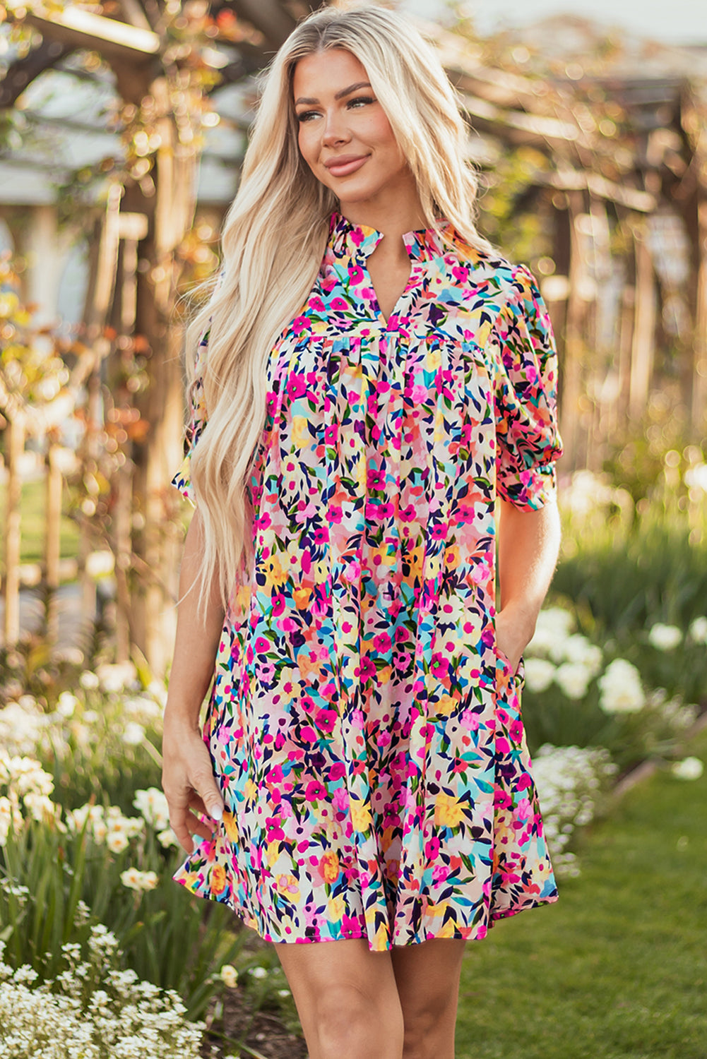 Floral V-Neck Puff Sleeve Mini Dress