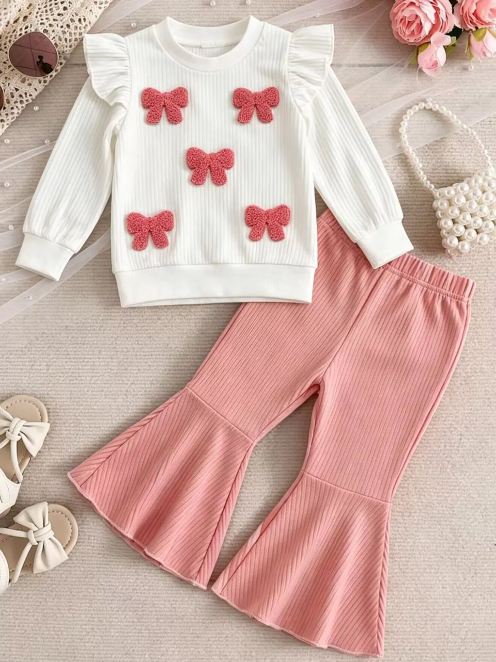 Children's Ruffled Long Sleeve Top and Flare Pants Set