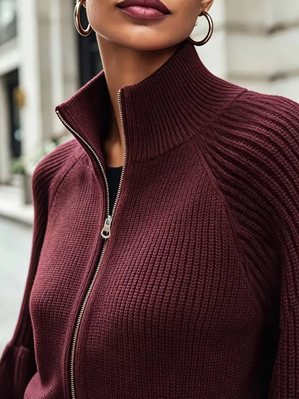 Ribbed Knit Zip-Up Cardigan with Lantern Sleeves
