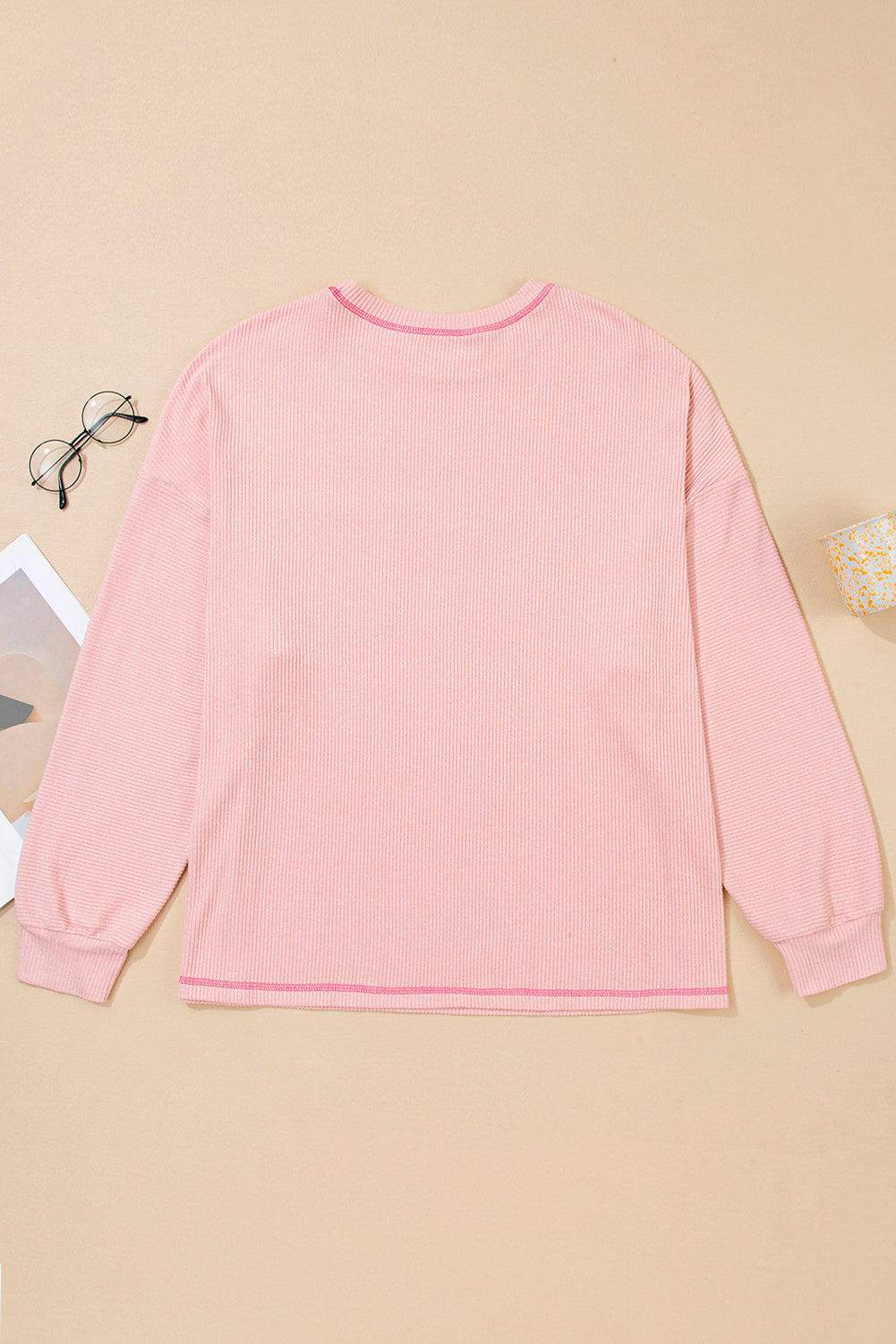 Plus Size Solid Ribbed Reverse Seam Chest Pocket Top