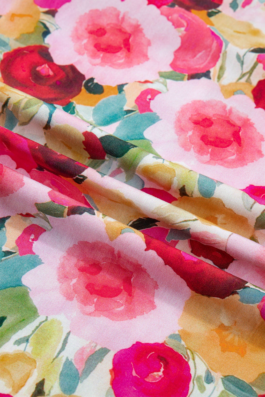 Pink Plus Size Flower Print Split V Neck Puff Short Sleeve Top