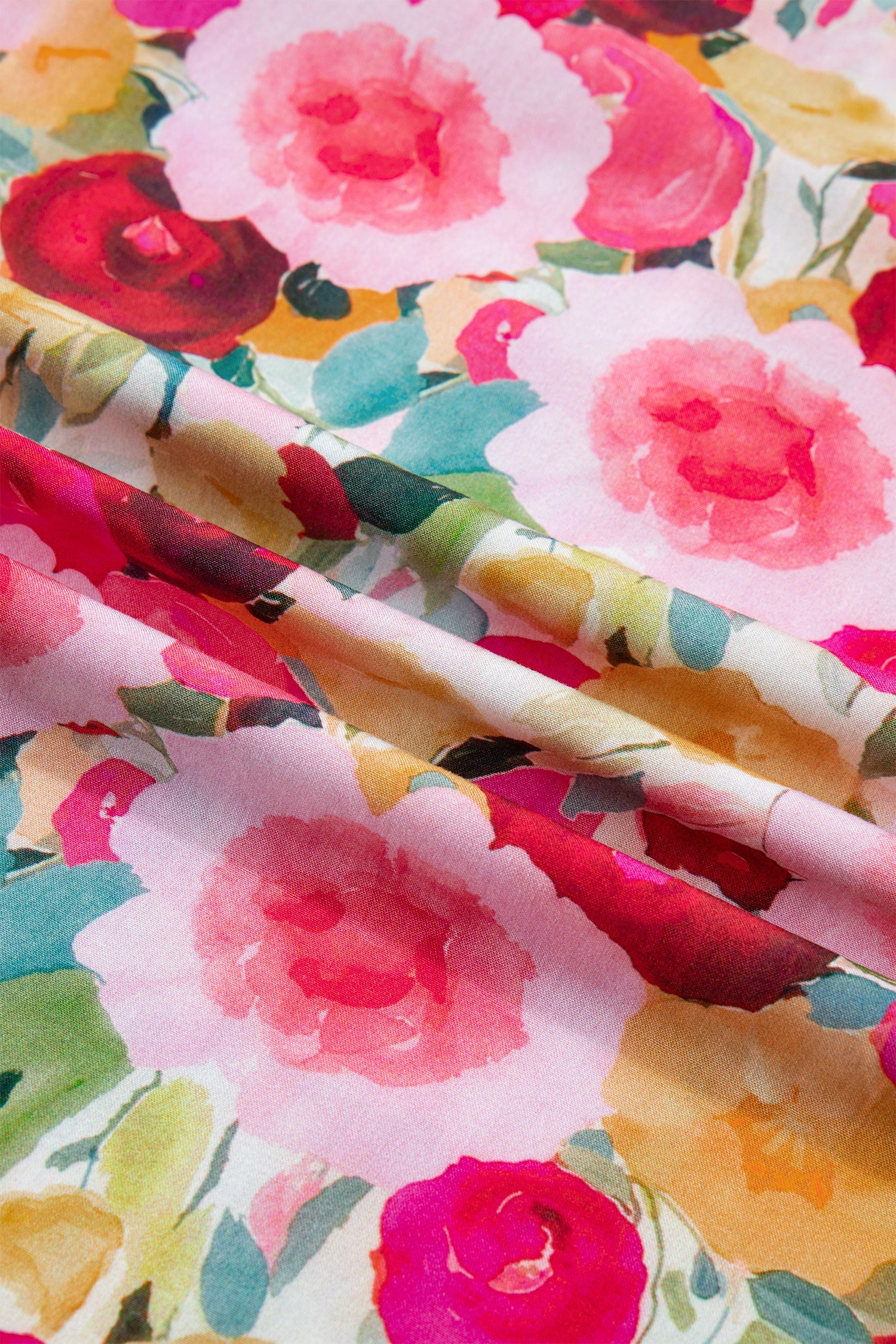 Pink Plus Size Flower Print Split V Neck Puff Short Sleeve Top