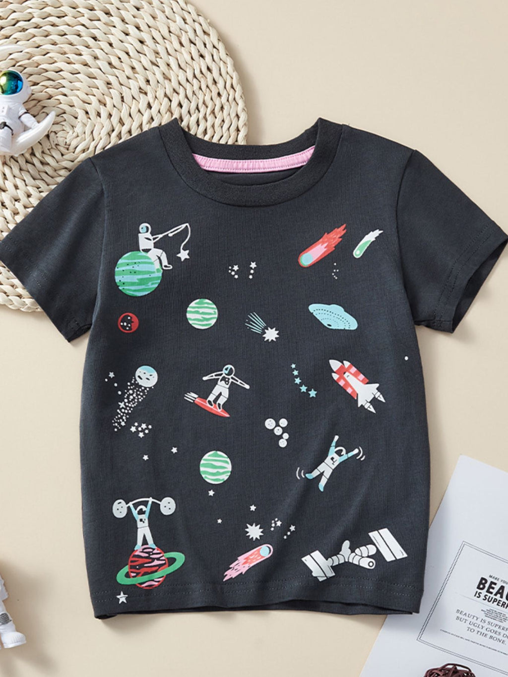 Children's Space-Themed Print Round Neck T-Shirt