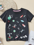 Children's Space-Themed Print Round Neck T-Shirt