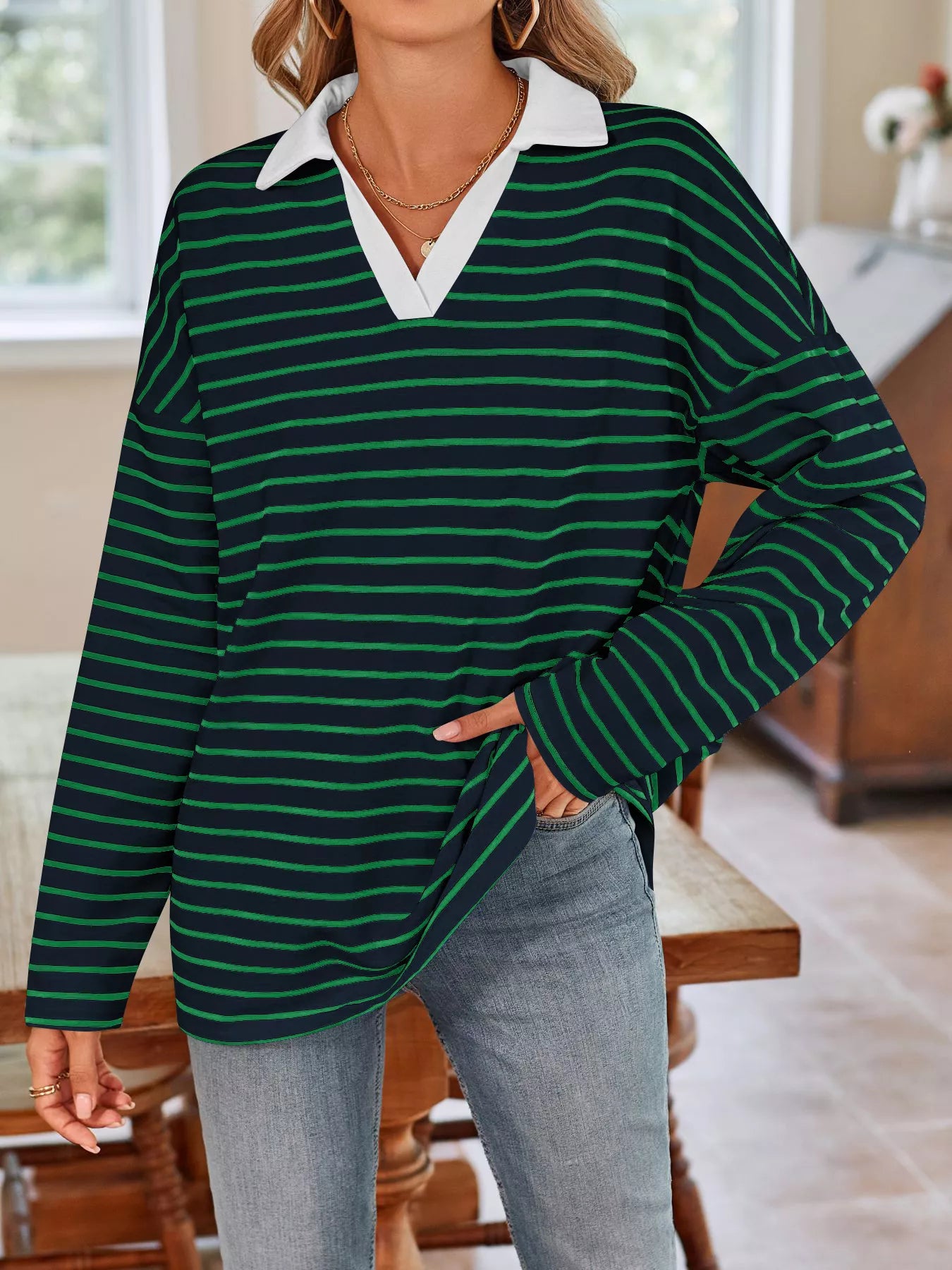 Oversized Striped Johnny Collar T-Shirt