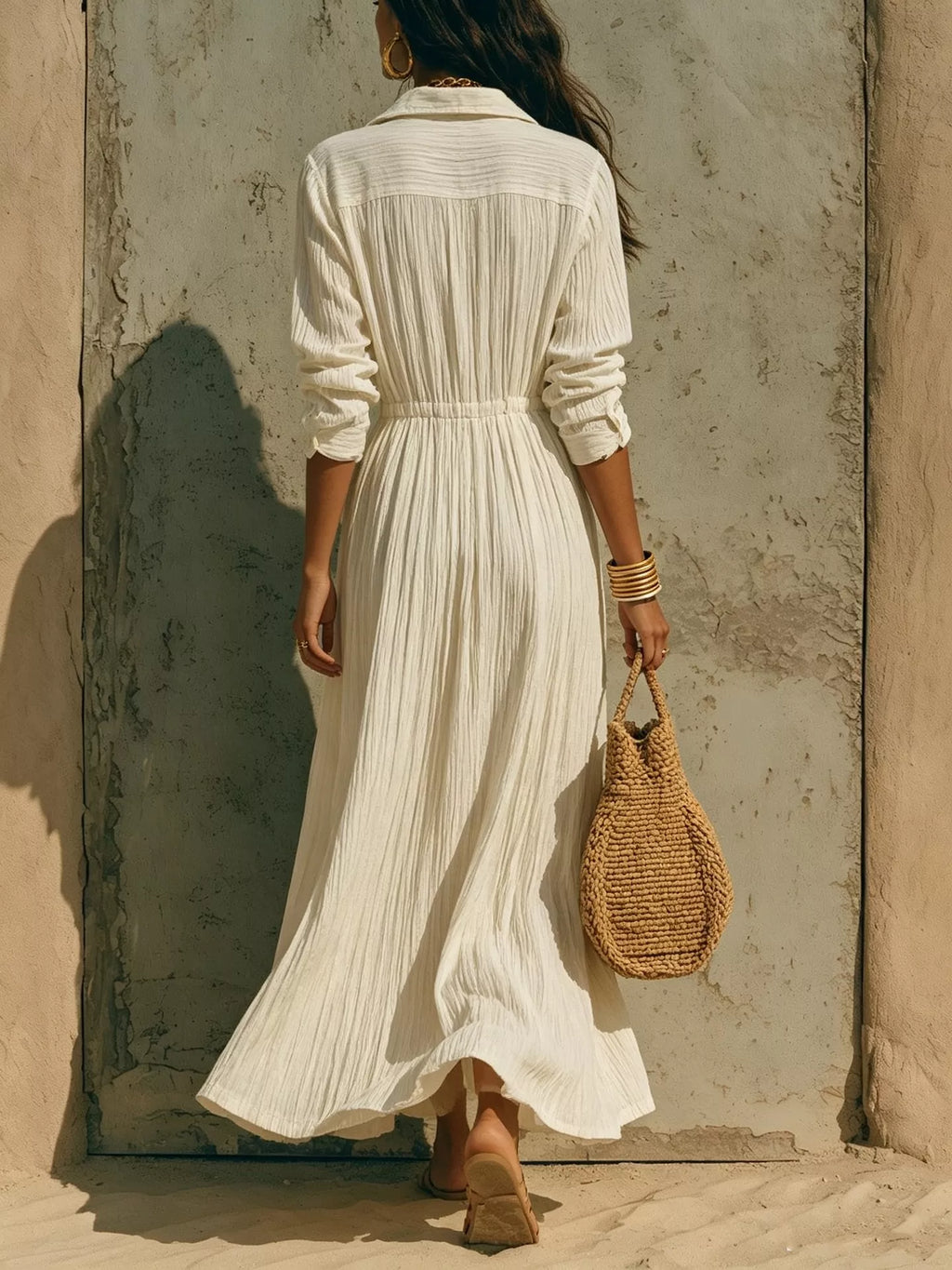 Full Size Textured Button Front Long Sleeve Maxi Dress Plus Size