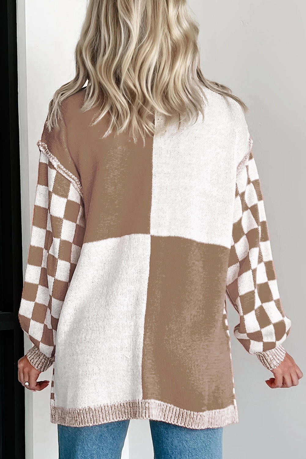 Plus Size Checker Drop Shoulder Open Front Cardigan