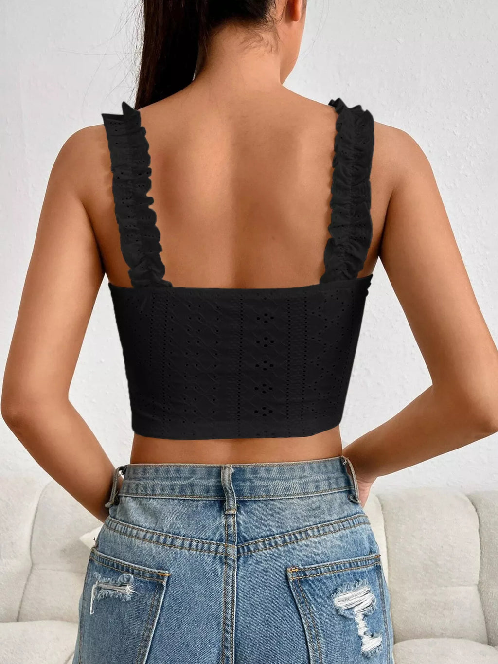 Eyelet Ruffle Strap Tie-Front Tank