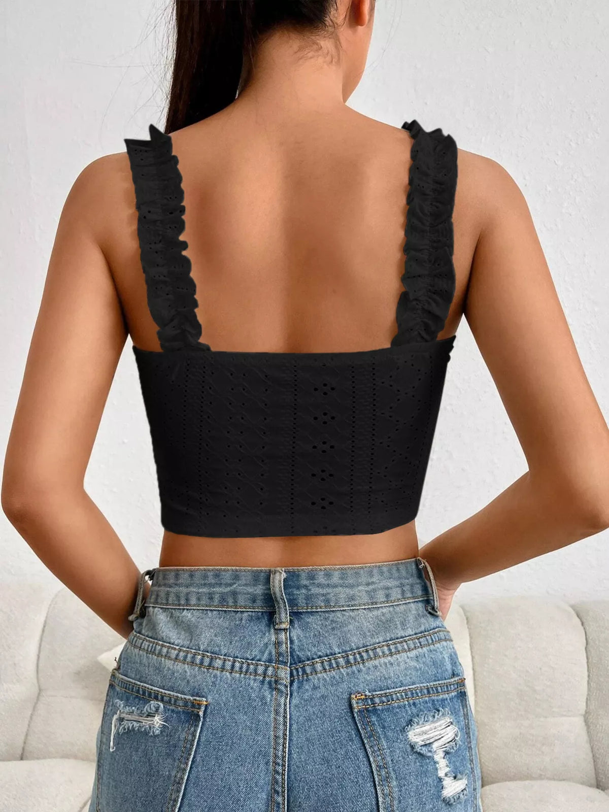 Eyelet Ruffle Strap Tie-Front Tank