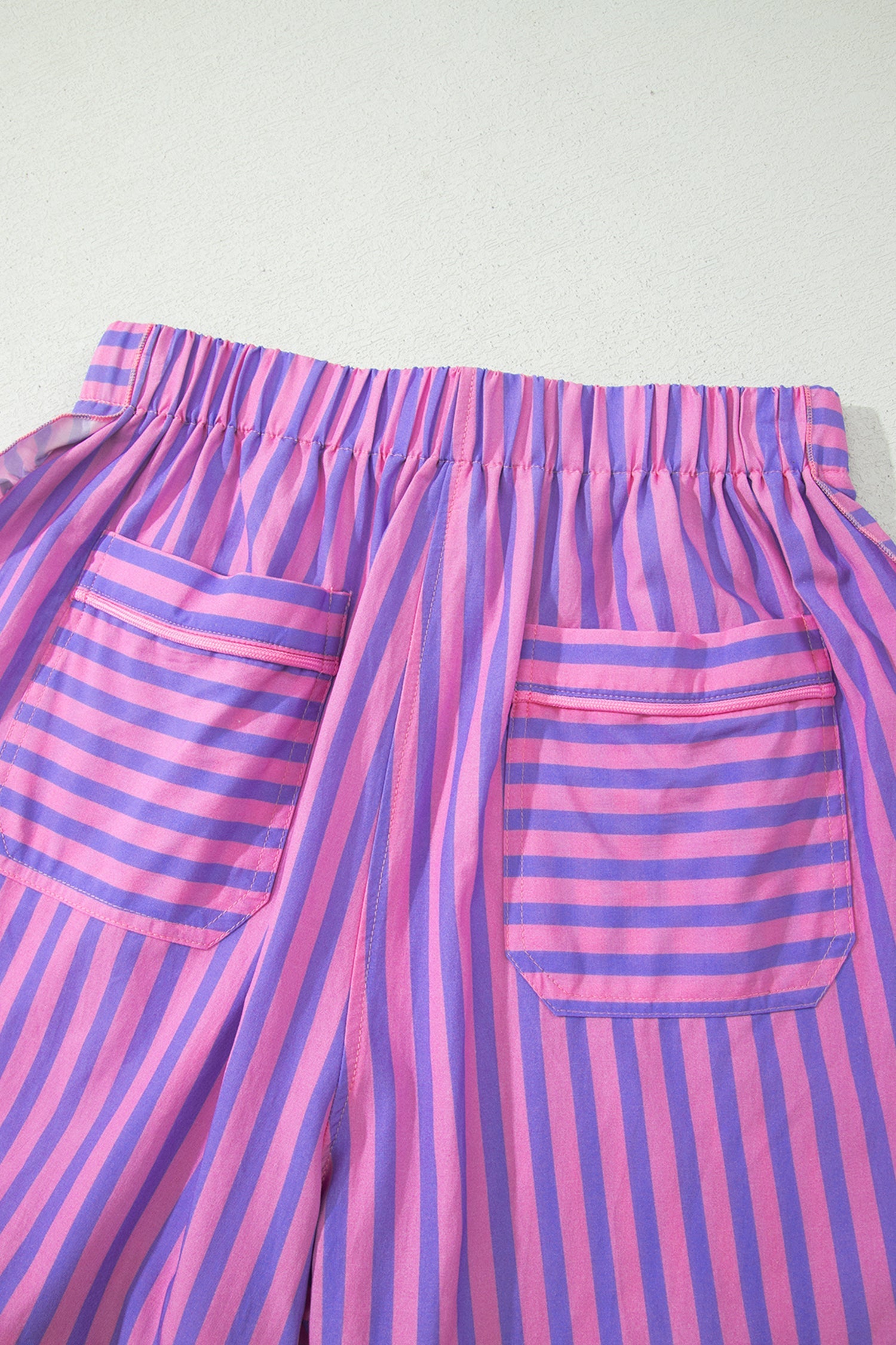 Rose Stripe Elastic Waist Ruffle Trim Casual Shorts