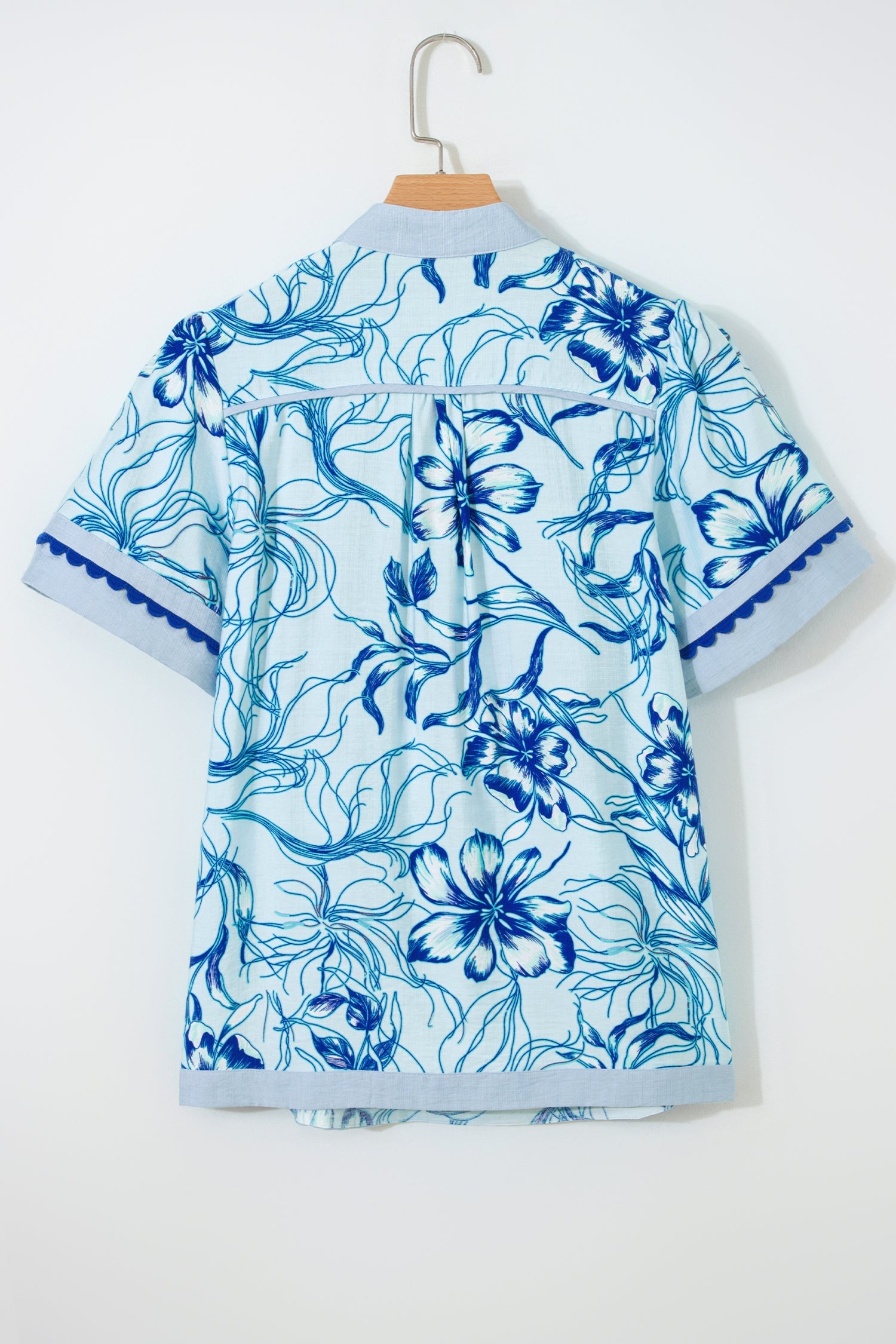 Sky Blue Ricrac Trim Slit V Neck Short Sleeve Floral Blouse