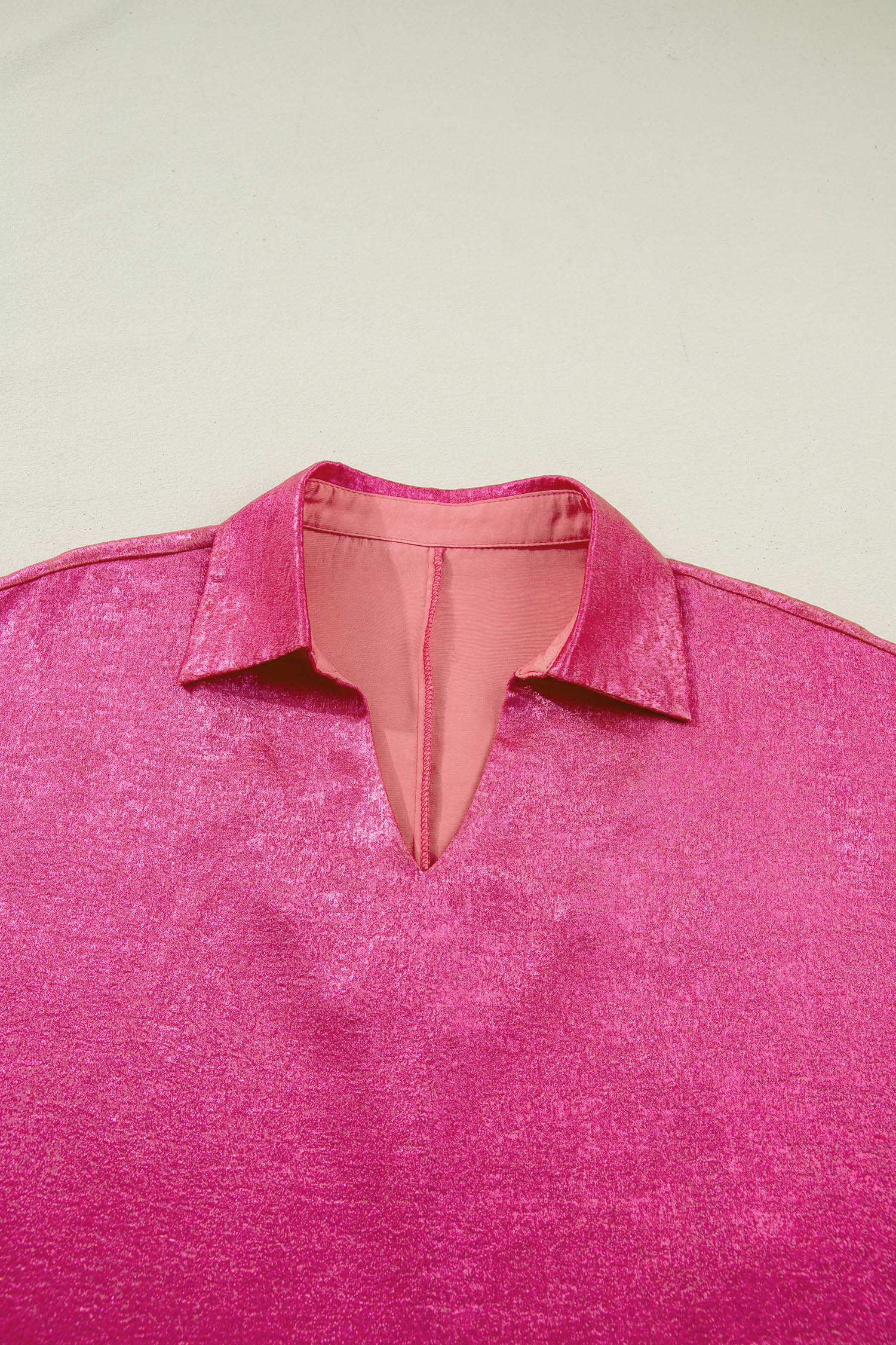 Strawberry Pink Collared V Neck Half Sleeve Metallic Top