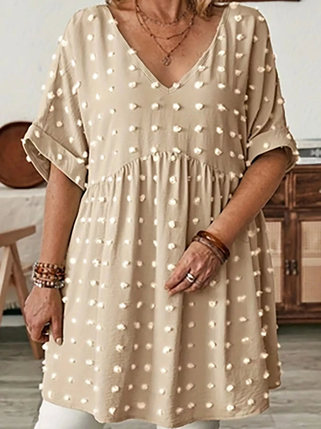 Plus Size Swiss Dot V-Neck Casual Blouse