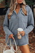 Medium Grey Ribbed Knit Buttons Front Flap Pocket Casual Shacket