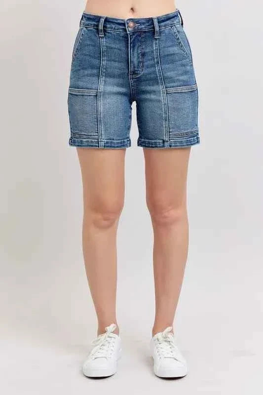 High Rise Denim Shorts with Functional Pockets – Plus Size