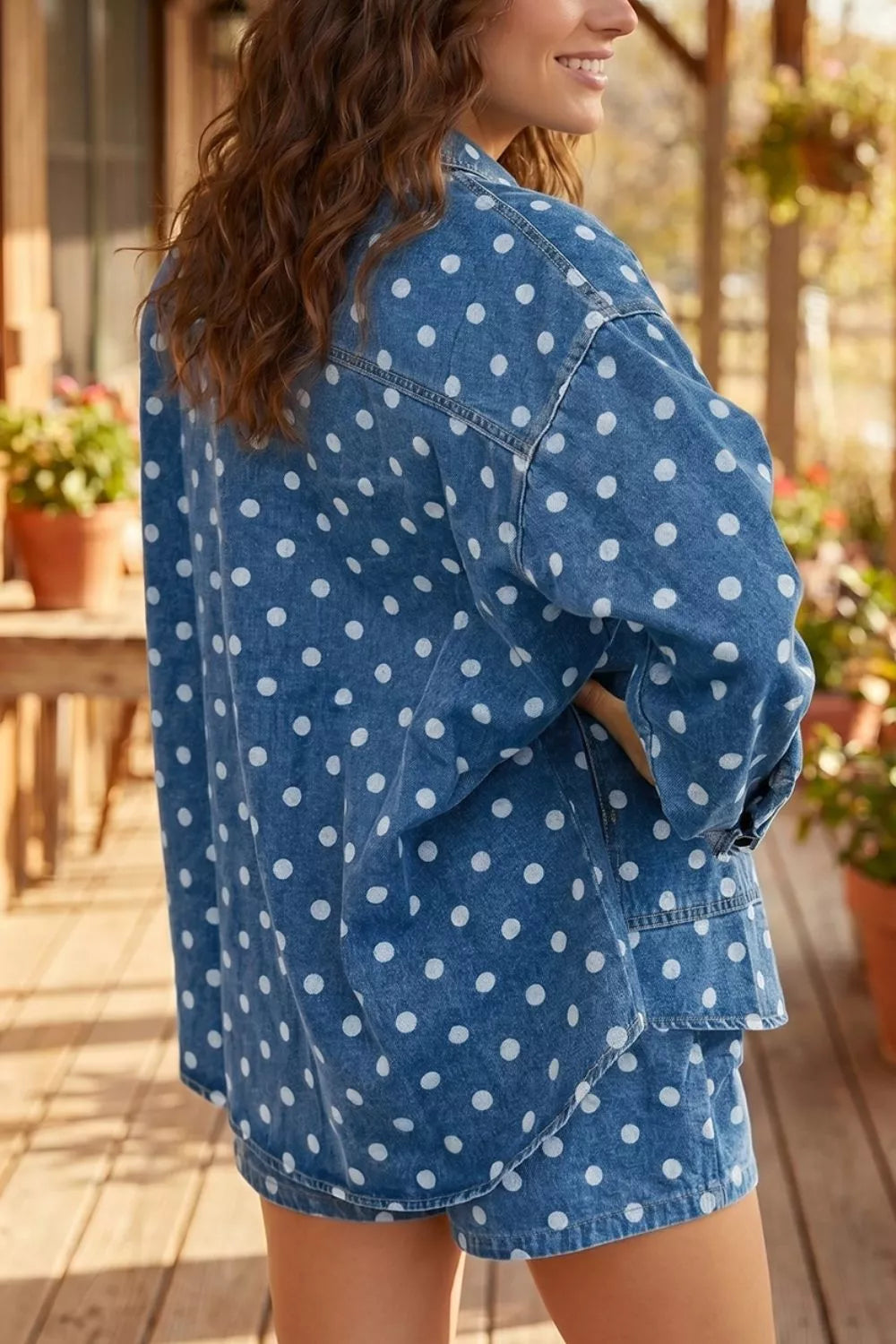 Polka Dot Long Sleeve Collar Shift Tunic Denim Jacket