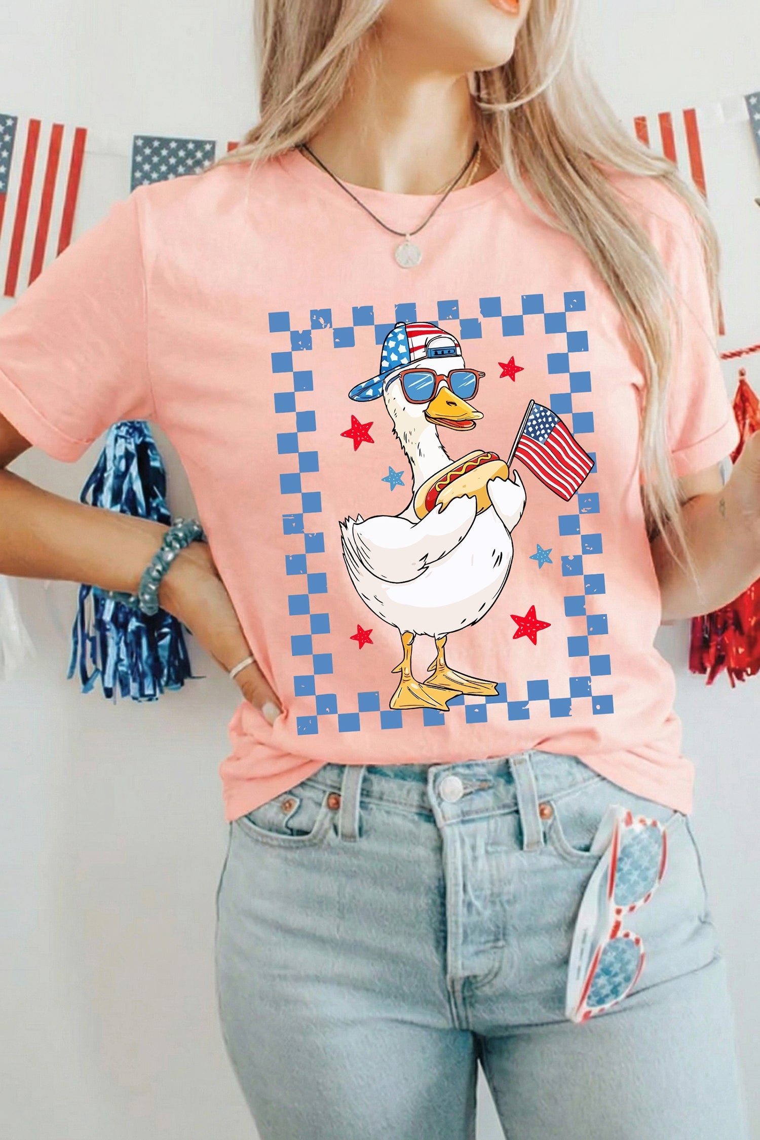 Pink America Goose 4th Of July Patriotic Flag Graphic T Shirt