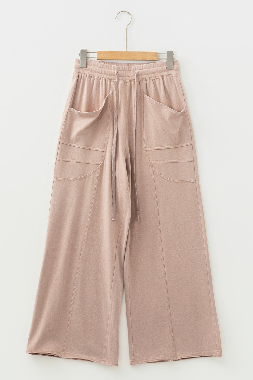 Smoke Gray Solid Color Mineral Wash Piping Trim Pocketed Wide Leg Pants