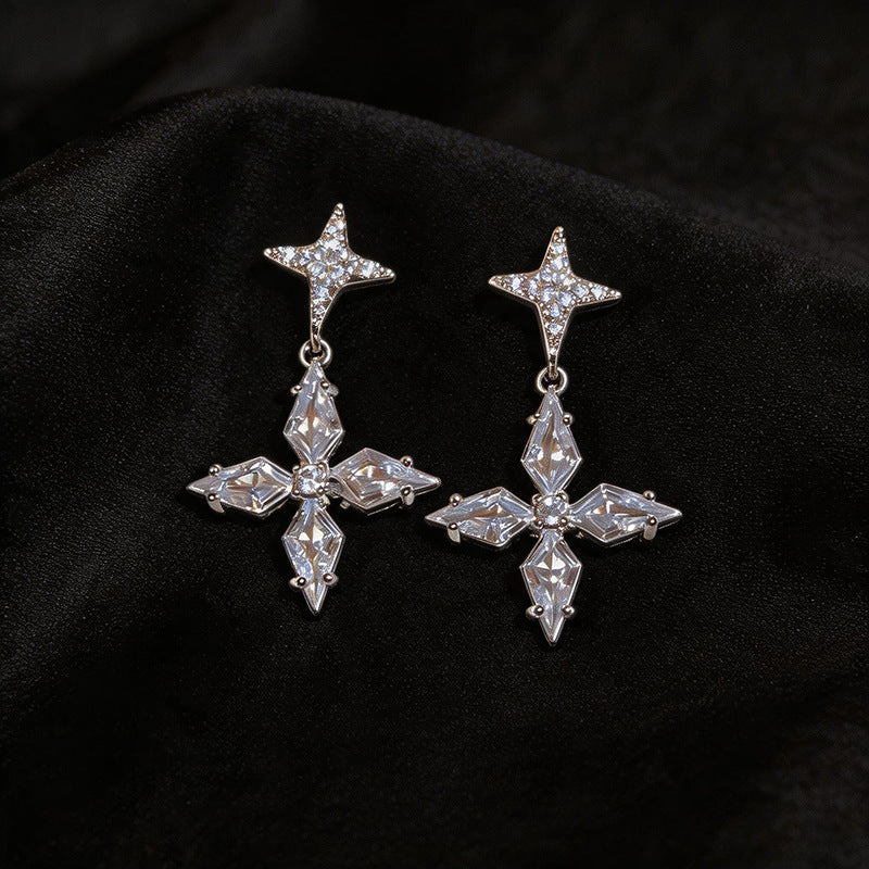 Women Star Burst Cubic Zirconia Pendant Stud Earrings,Niche Minimalist Delicate Light Luxury Fashion Dangle Earrings For Daily Wear Jewelry
