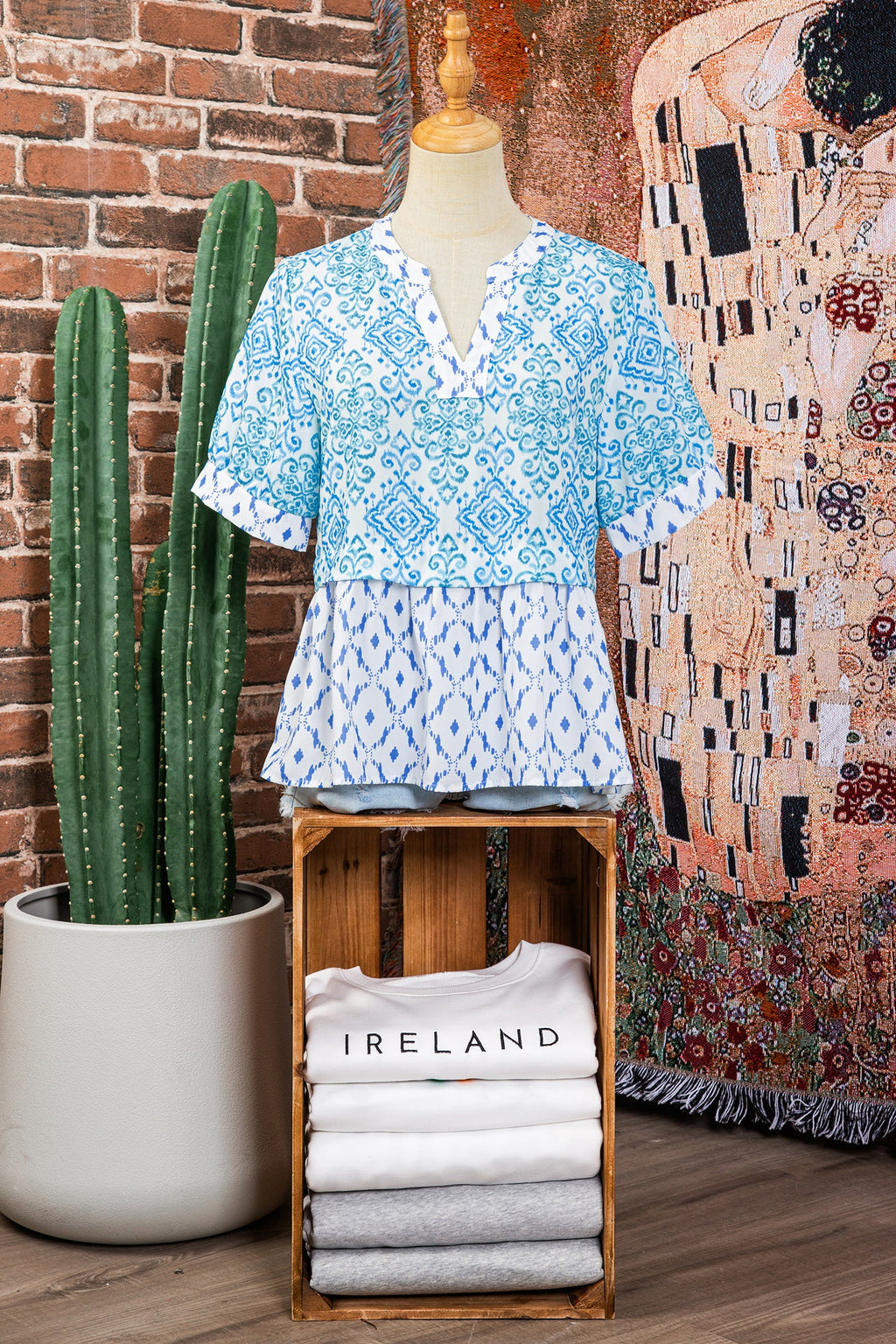 Sky Blue Boho Floral Geometric Patchwork Short Puff Sleeve Babydoll Blouse