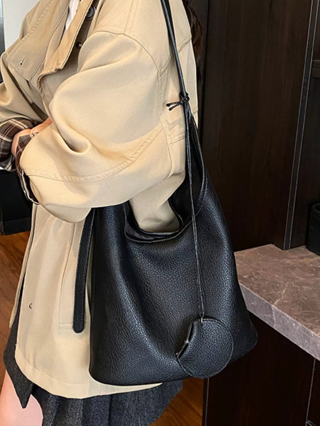 Solid Color Leather Handbag