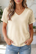 Beige Lace Splicing Button Cutout V Neck Waffle Knit Blouse