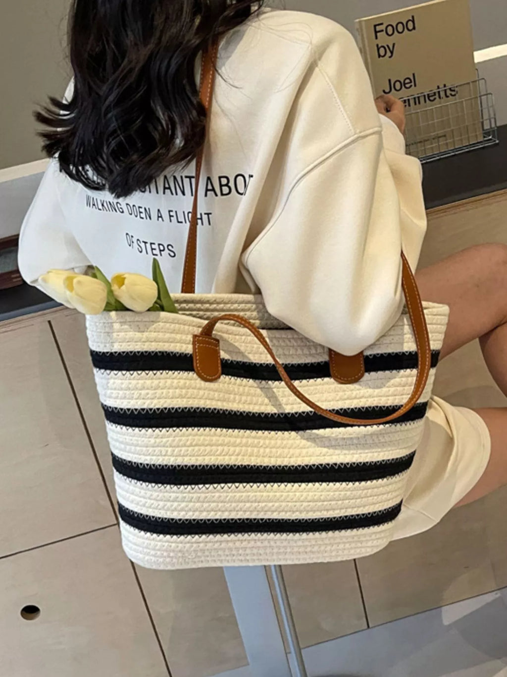 Striped Straw Tote Bag