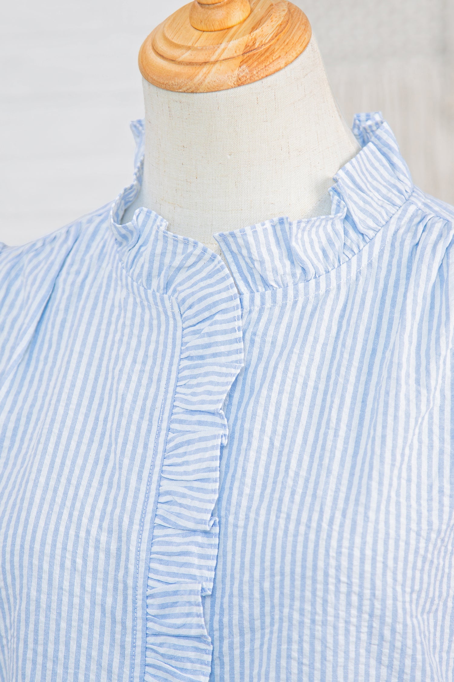 Sky Blue Stripe Floral Embroidered Puff Sleeve Ruffle Trim Shirt