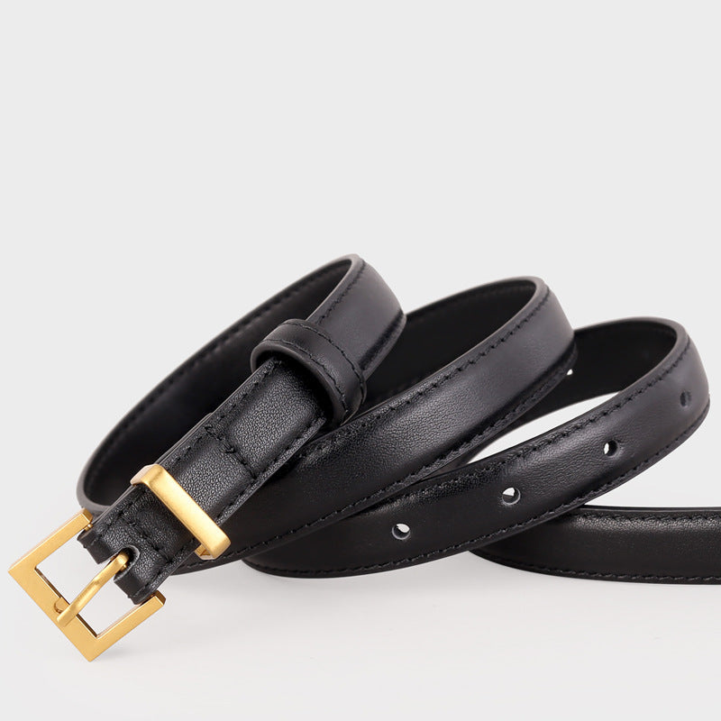 Leather Skinny Belt with Golden Buckle