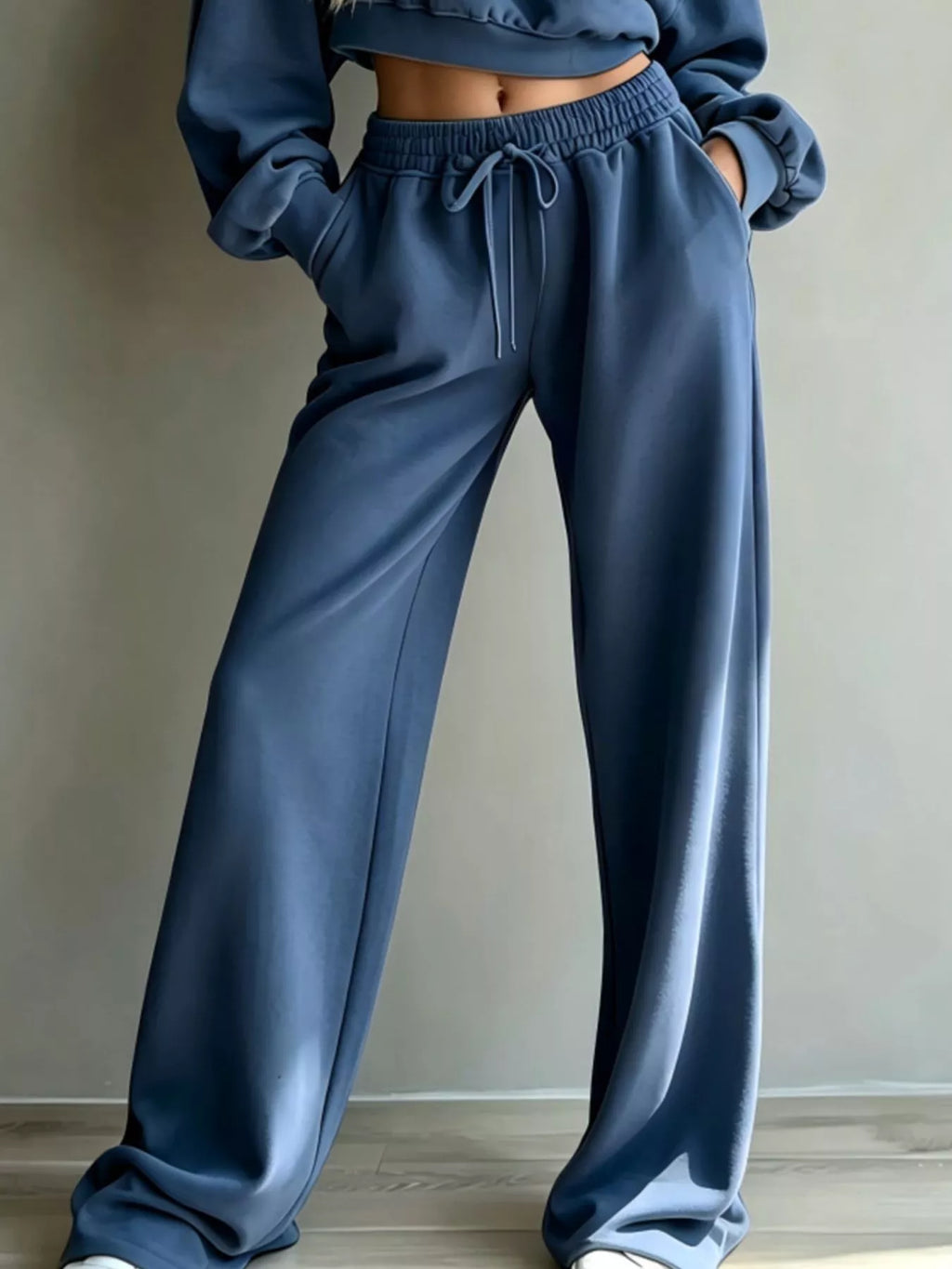 Round Neck Cropped Sweatshirt and Wide-Leg Pants