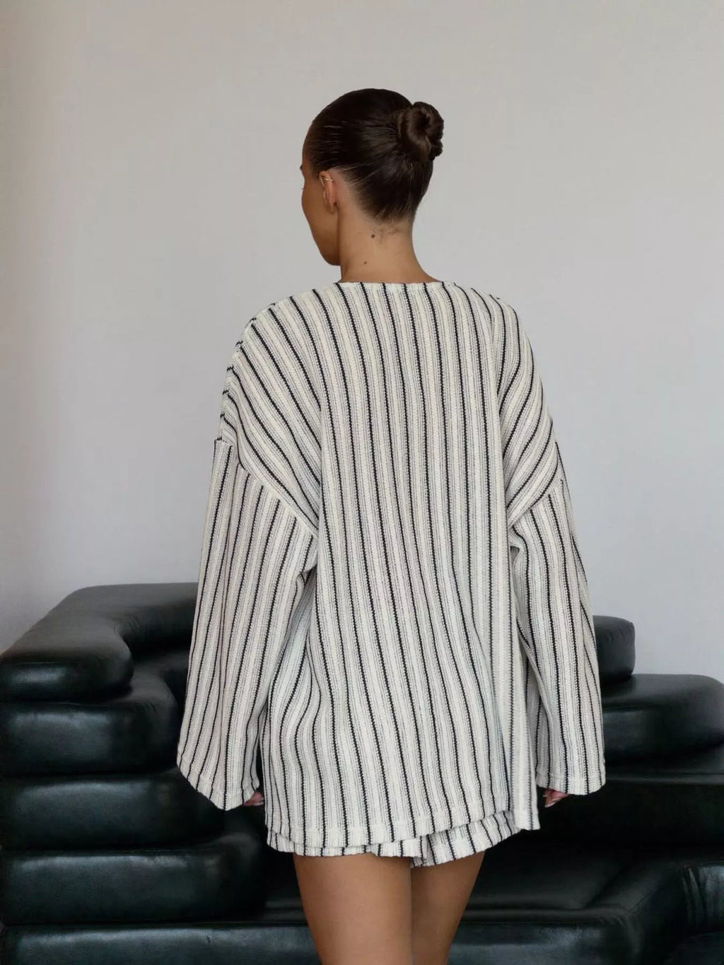 Striped Tie Front Top and Shorts Lounge Set
